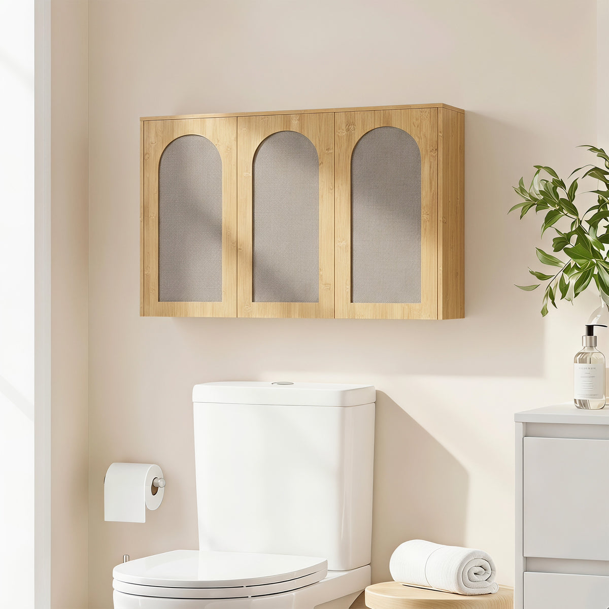Armoire murale de salle de bain bohème avec 3 portes effet rotin à fermeture douce et étagère réglable, chêne-1