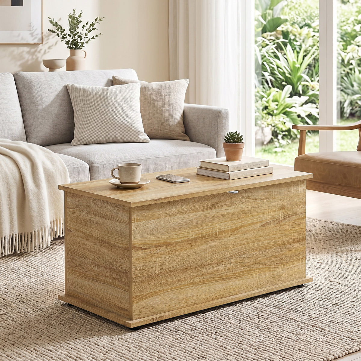 Coffre de Rangement, Banc de Rangement avec Couvercle Rabattable et Charnières de Sécurité, 80 x 40 x 45 cm, Naturel-6