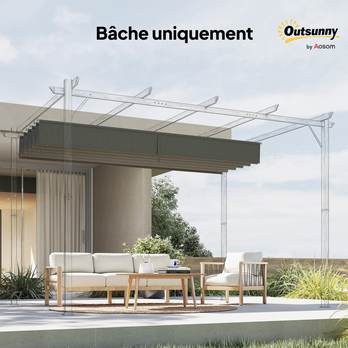 Toile de toit pour pergola tonnelle rétractable de 4 x 3 m - toile uniquement 350 x 260 cm gris clair-8