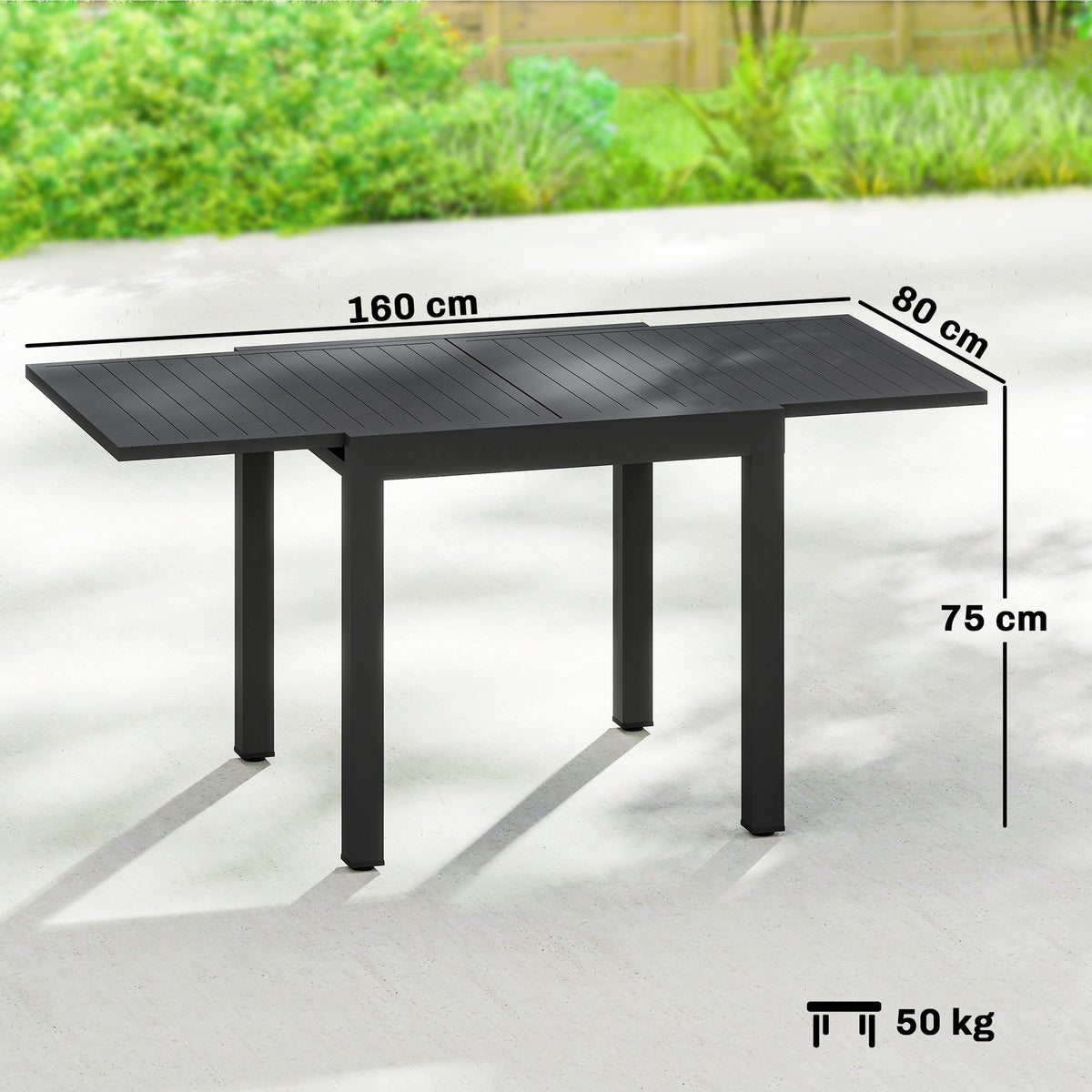 Table de jardin extensible table extérieur pour 4-6 personnes avec rallonge auto-stockée aluminium 80-160 x 80 cm noir-2
