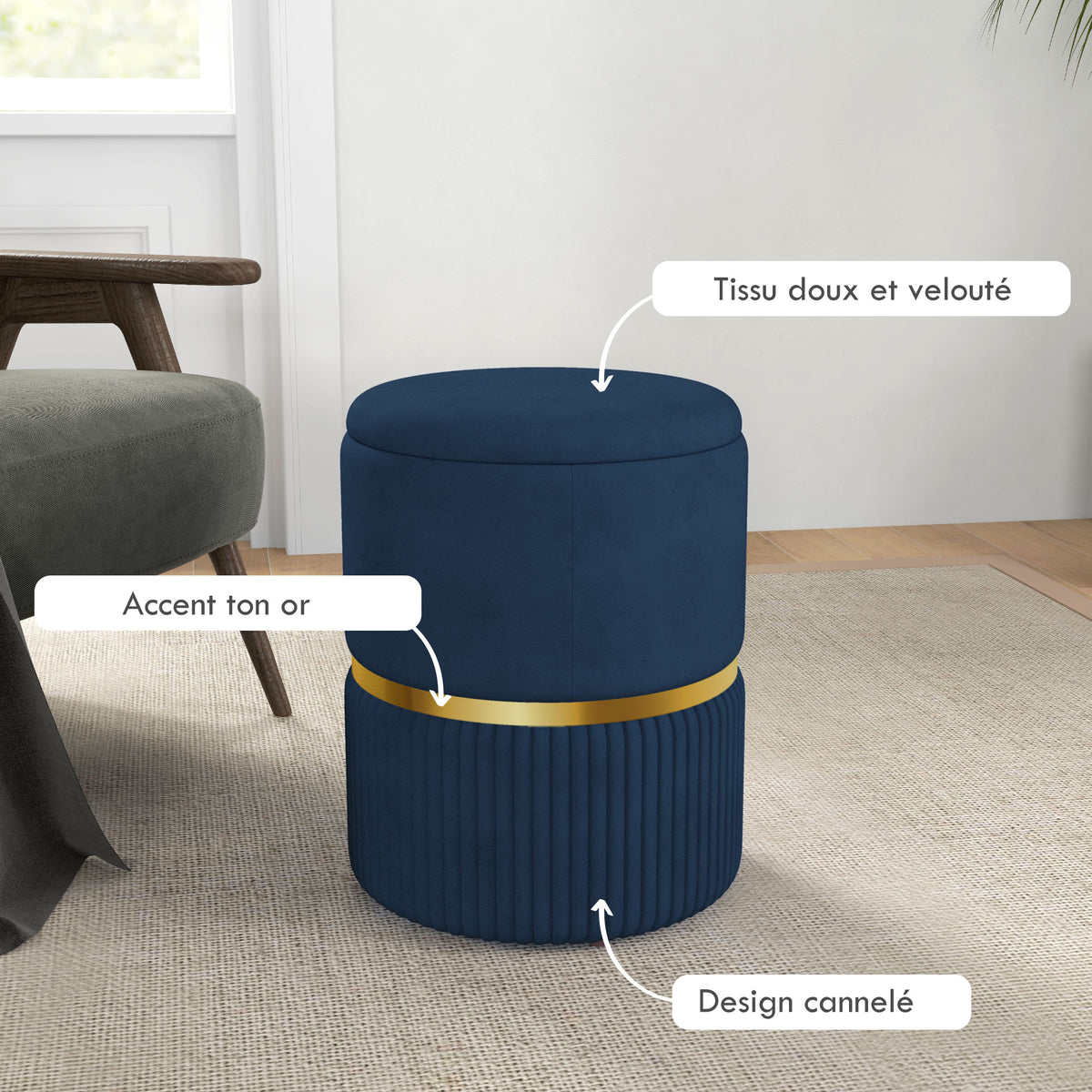Pouf tabouret repose-pied coffre de rangement en velours côtelé 36 x 36 x 44 cm pour salon chambre bleu-4