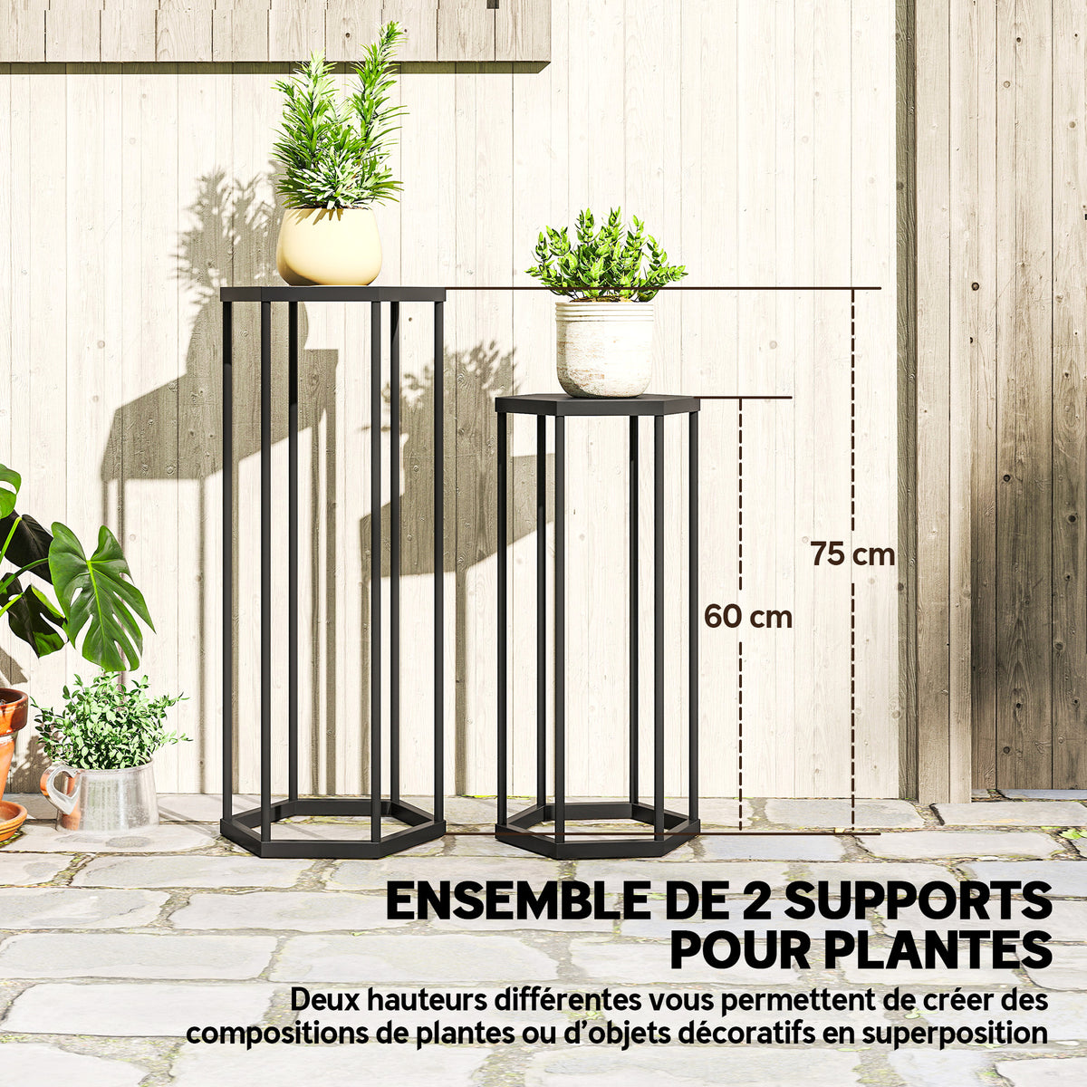 Lot de 2 supports pour plantes, tabouret à fleurs hexagonal en métal, intérieur et extérieur, noir-3