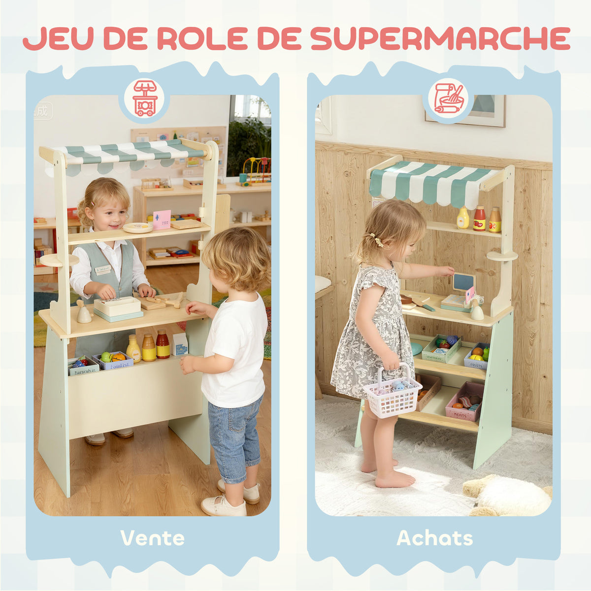 Supermarché pour enfant 34 pcs, marchande en bois, tableau noir, caisse enregistreuse et accessoires, 52x30x92,5cm, vert-3