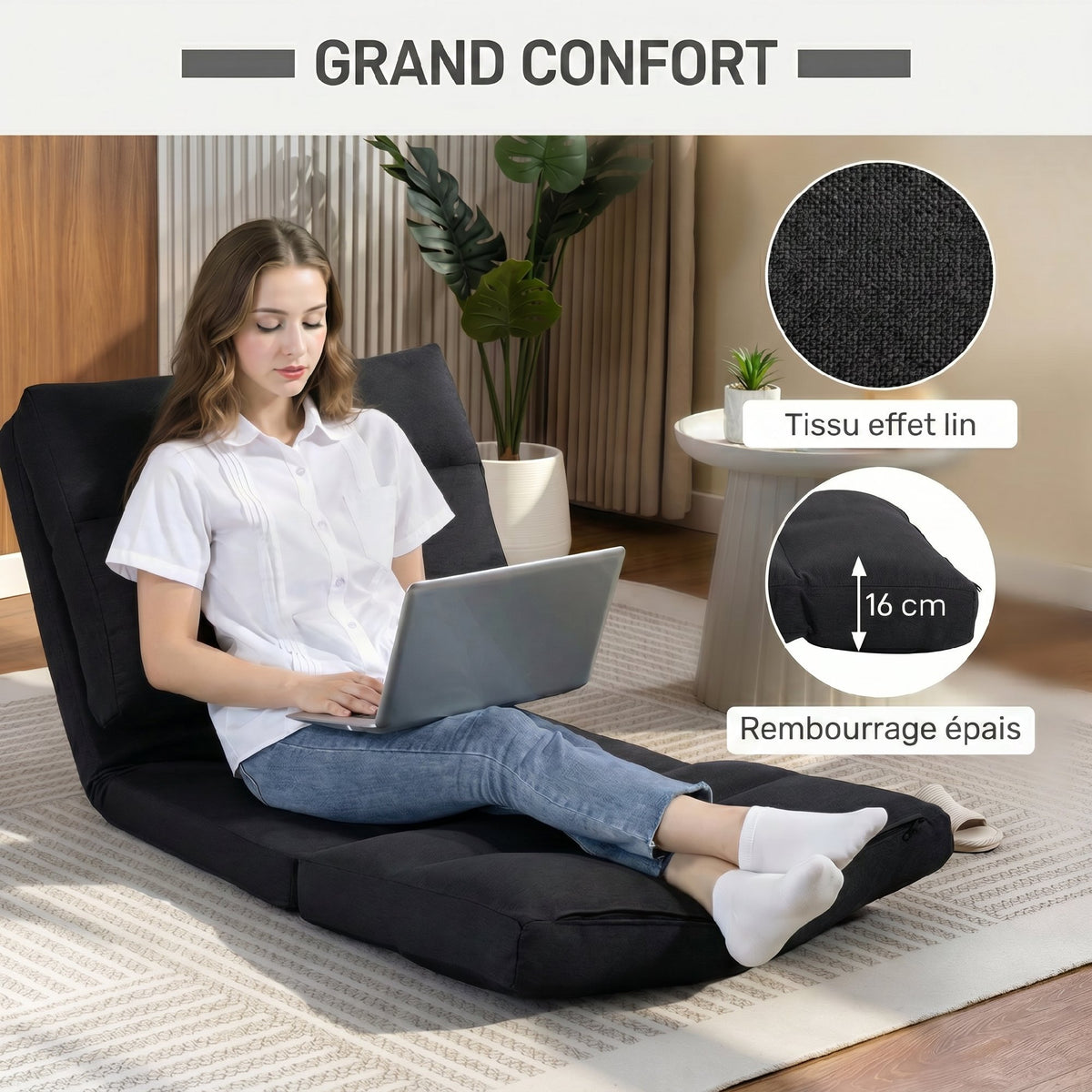 Fauteuil de sol canapé paresseux fauteuil convertible en lit inclinable 90° à 180° tissu - 70 x 72 x 56 cm - noir-5