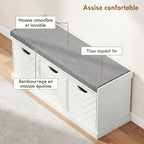 Banc chaussures entrée, banc de rangement avec 3 tiroirs amovibles et coussin rembourré en tissu aspect lin, blanc-3