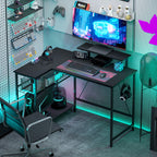 Bureau gaming réversible, bureau gaming d'angle, support pour écran, étagère en maille réglable, 114,5x82x91,5cm, noir-5