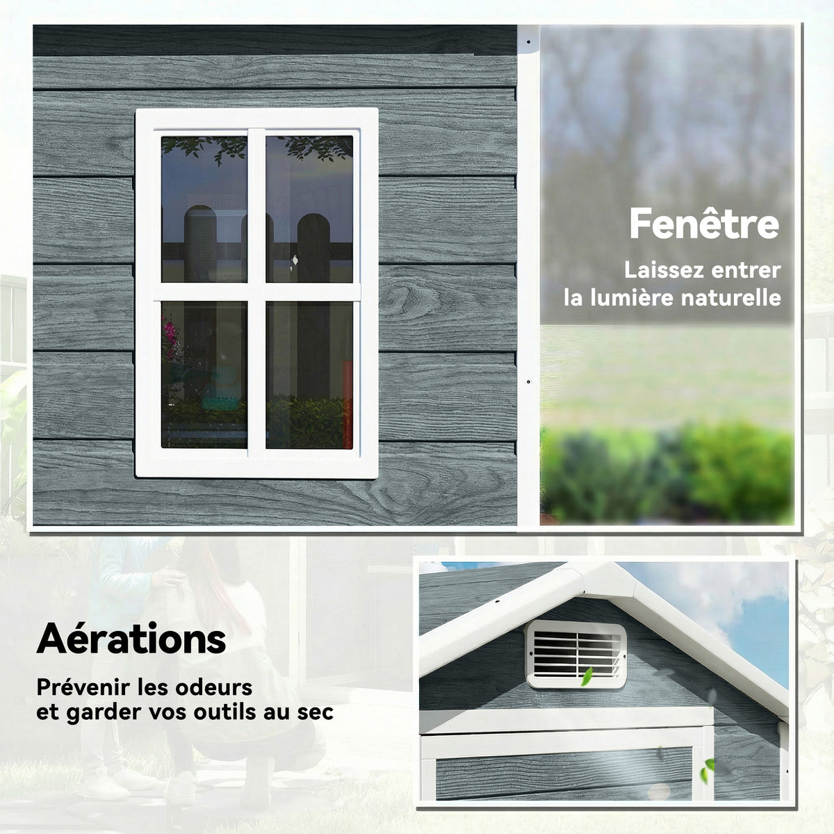 Abri de jardin en plastique avec plancher porte verrouillable fenêtre et ventilation 128 x 104 x196 cm gris-4