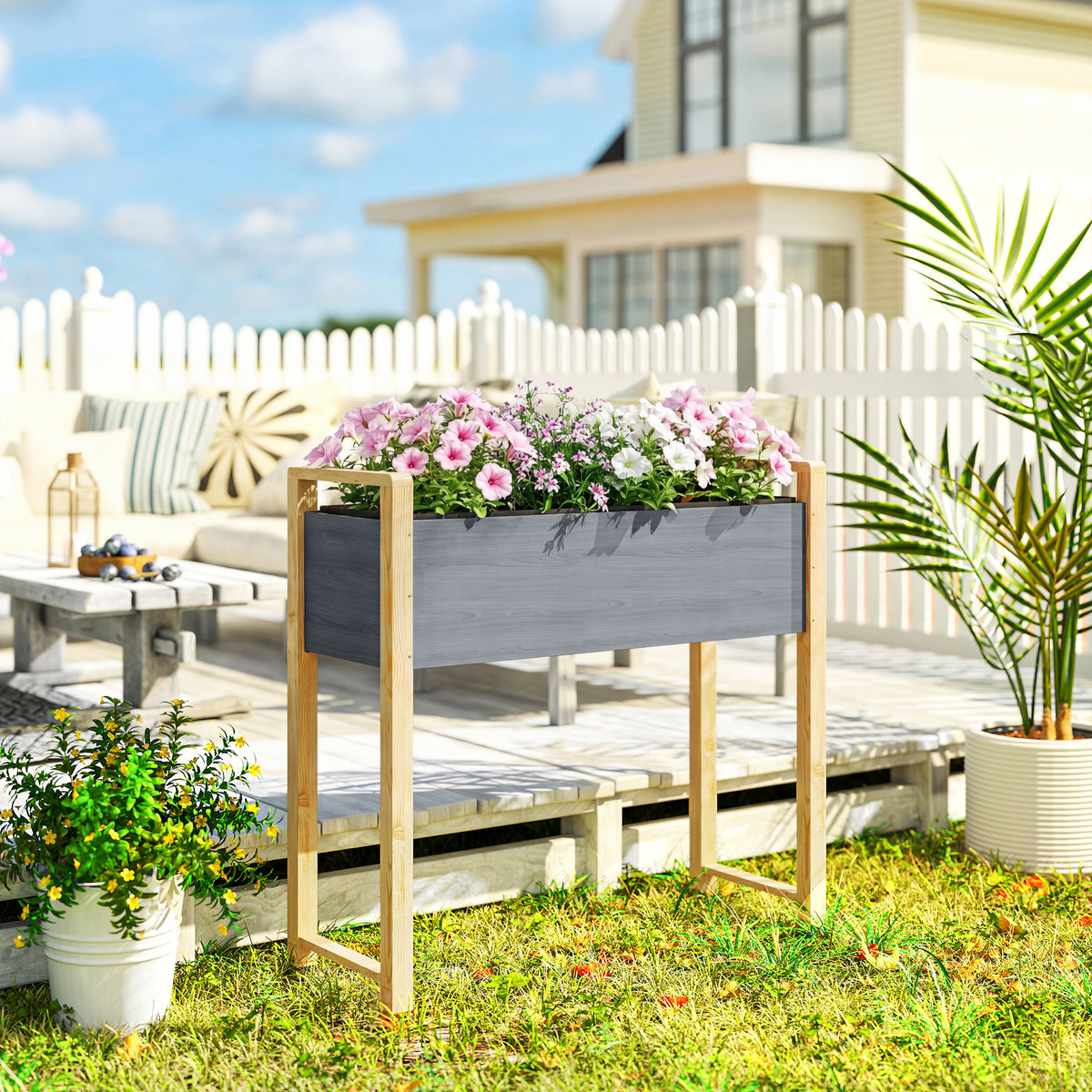 Carré Potager avec pieds Lit de Jardin Surélevé 4 trous de drainage et Tissu non tissé, 98 x 37 x 90 cm, gris-1
