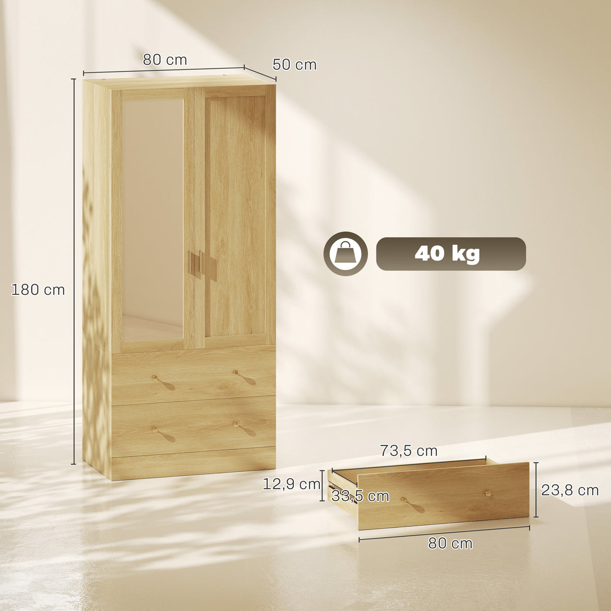 Armoire chambre penderie avec miroir, 2 portes, 2 tiroirs et barre de suspension, 80 x 50 x 180 cm, chêne-2