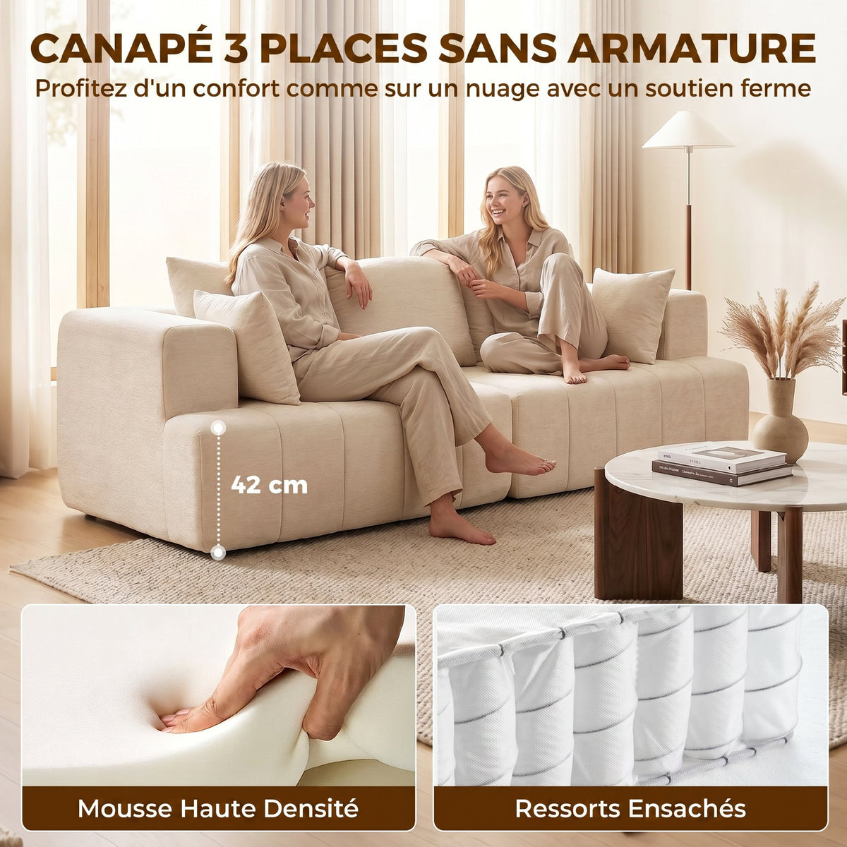 Canapé 3 places en chenille 248 cm, canapé salon moderne, large assise rembourrée, coussins à ressorts, beige-3