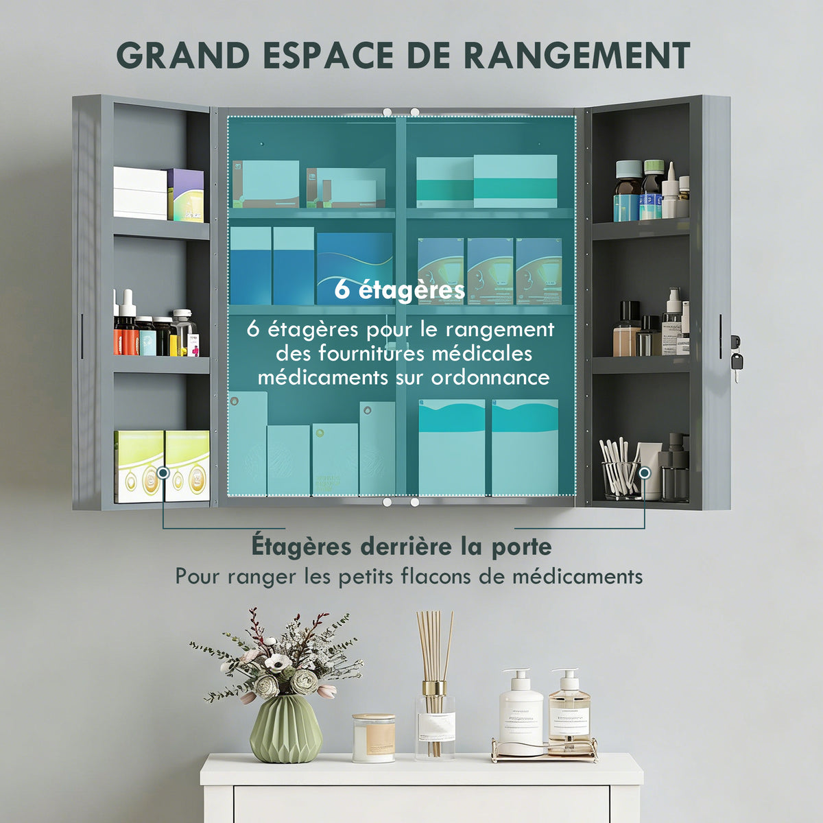Armoire à pharmacie 6 étagères avec serrure et 2 clés de sécurité, 55x18x60 cm, gris-4