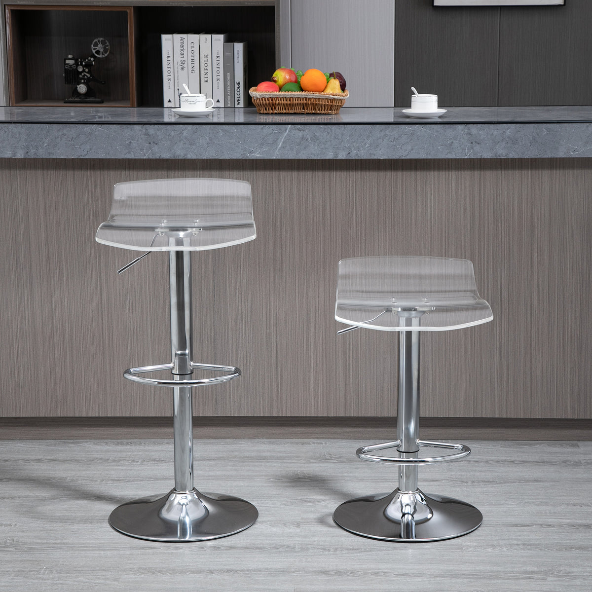 Lot 2 tabourets bar design contemporain assise acrylique piètement métal - pivotant repose-pieds - transparent-9