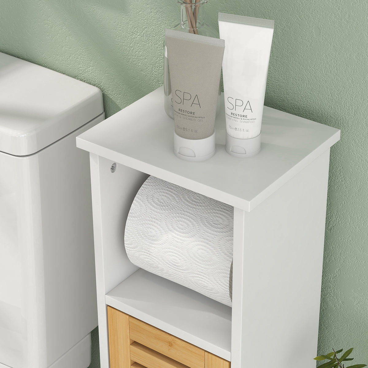 Meuble de salle de bain avec support papier toilette barre amovible 3 Niveaux + Sortie Papier, 78H cm, Bambou blanc-8