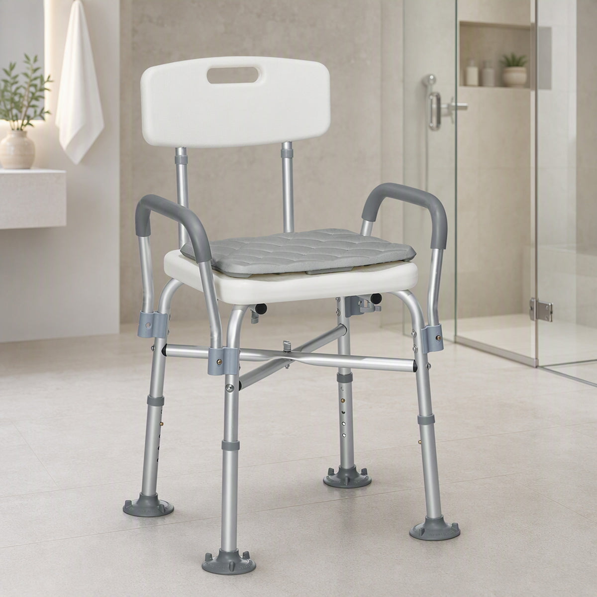 Tabouret de Douche Réglable en Hauteur à 5 Niveaux, Chaise de Douche, Accoudoirs Rembourrés et Coussin Amovible, Gris-1