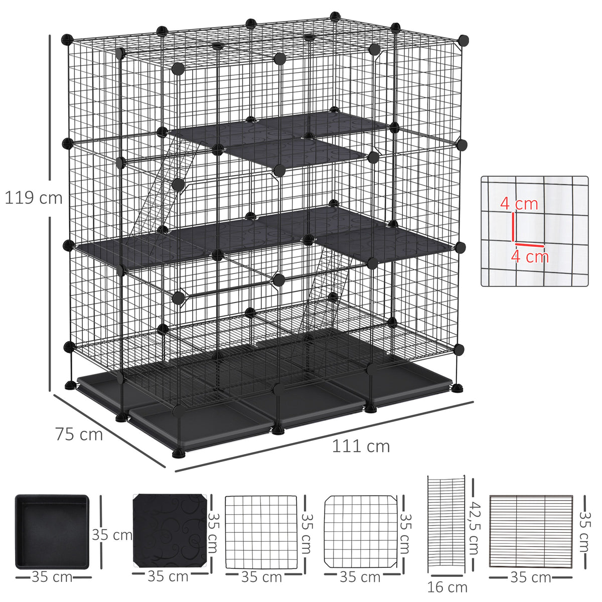 Cage parc enclos rongeurs modulable dim. L 111 x l 75 x H 119 cm 3 niveaux 4 portes fil métallique noir-2