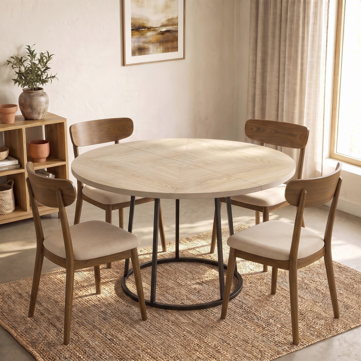 Table à Manger Ronde pour 4 à 6 Personnes, Ø 120 x 75 cm, Table de Cuisine avec Piétement Conique en Métal, Bois Naturel-1