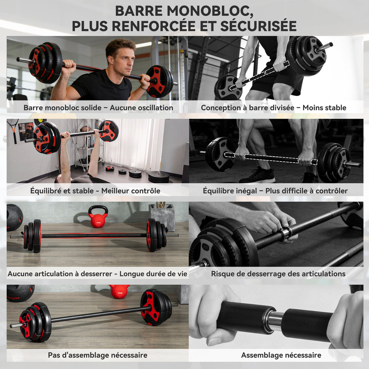 Ensemble d'haltère 20 kg kit barre de musculation avec poignée antidérapante, poids réglable, Ø 27 x 140 cm noir-4