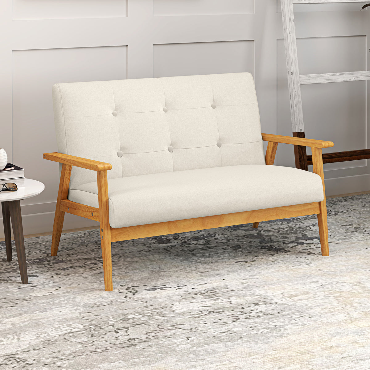 Canapé 2 places 115 cm canapé scandinave avec dossier capitonné, assise rembourrée et accoudoirs, beige-1
