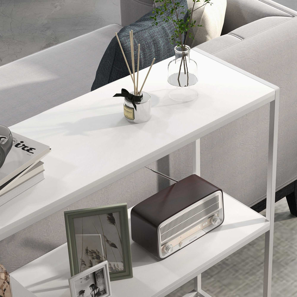 Table console en acier 2 étagères design moderne pour salon entrée couloir 100 x 30 x 87 cm blanc-7