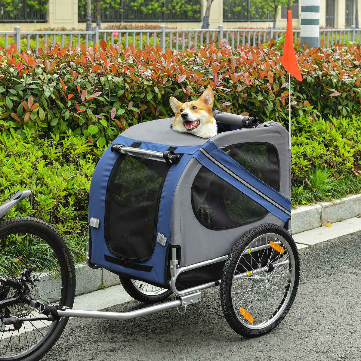 Remorque vélo pour chien animaux 8 réflecteurs drapeau barre attelage inclus acier polyester imperméable max. 30 Kg 130L x 73l x 90H cm bleu-9