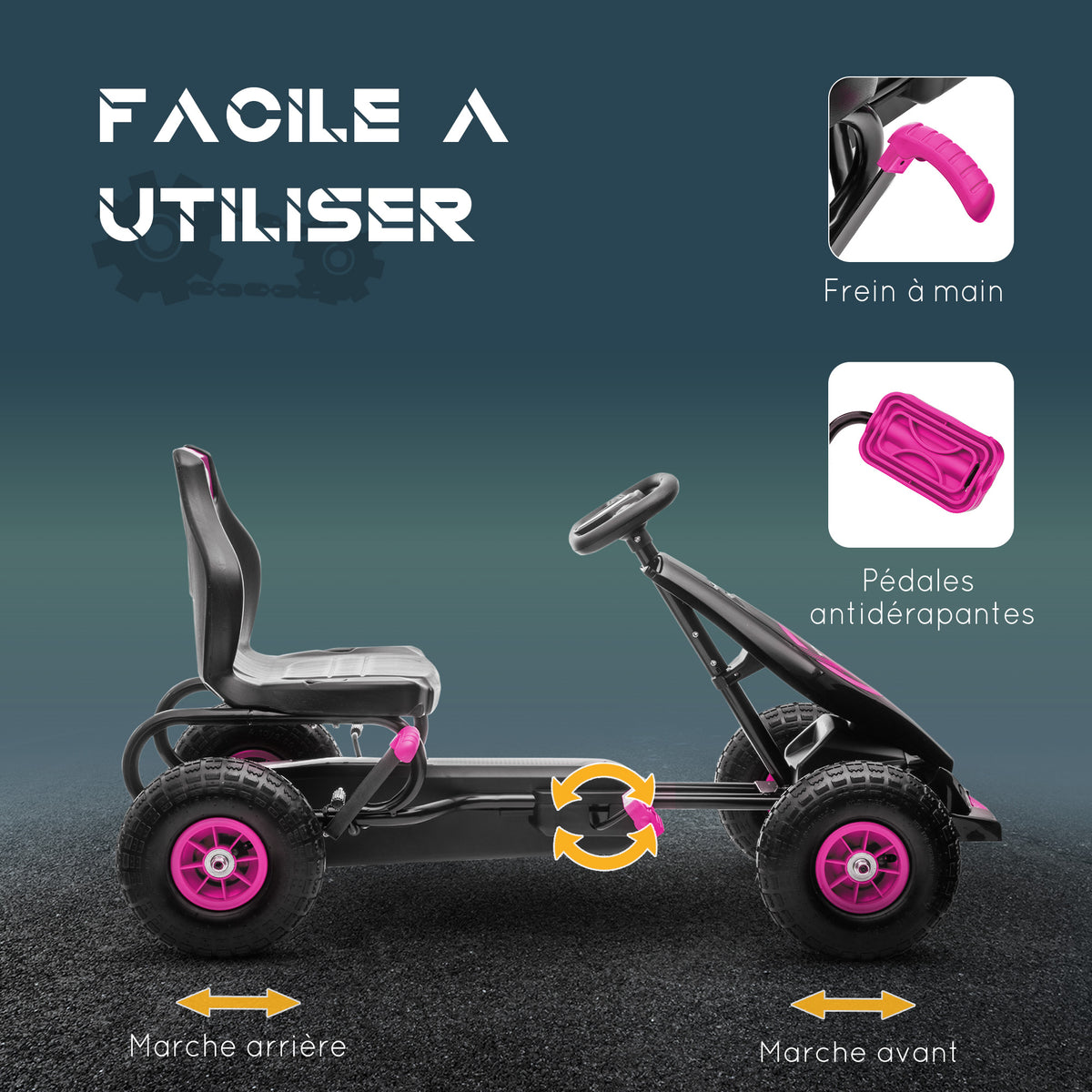 Kart à pédales pour enfant siège réglable 3 positions frein à main enfant de 5 à 12 ans rose noir-4