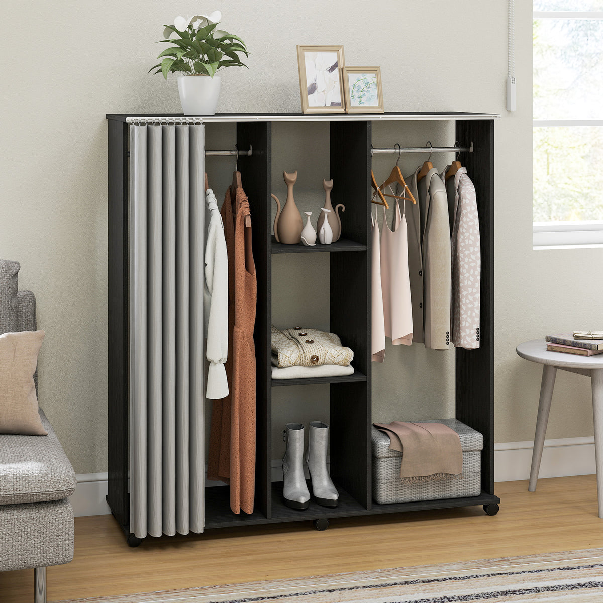 Armoire penderie Meuble de Rangement Mobile 6 roulettes 120L x 40l x 128H cm en bois Noir-6