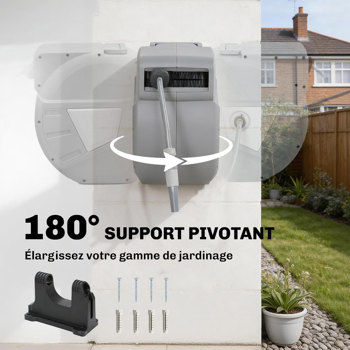 Enrouleur Tuyau Arrosage Mural 40+2 m x Ø 15mm, Dévidoir de Tuyaux d'Eau Rétractable Automatique Pivotant à 180°, Gris-5