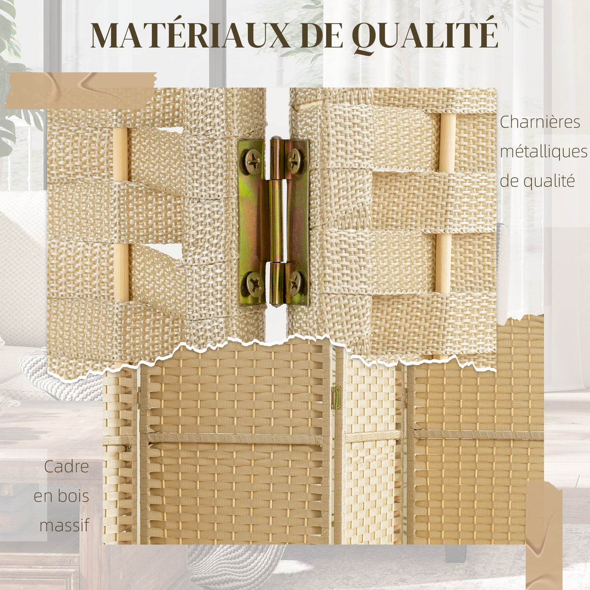 Paravent interieur en bois 6 panneaux 240 x 170 cm séparateur de pièce pliable pour salon, chambre à coucher, naturel-5