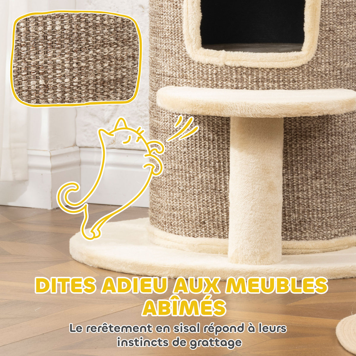 Tonneau à gratter tour à griffer pour chat 2 niveaux avec plate-forme parfait pour griffes & jeu 60 x 60 x 61 cm beige-4