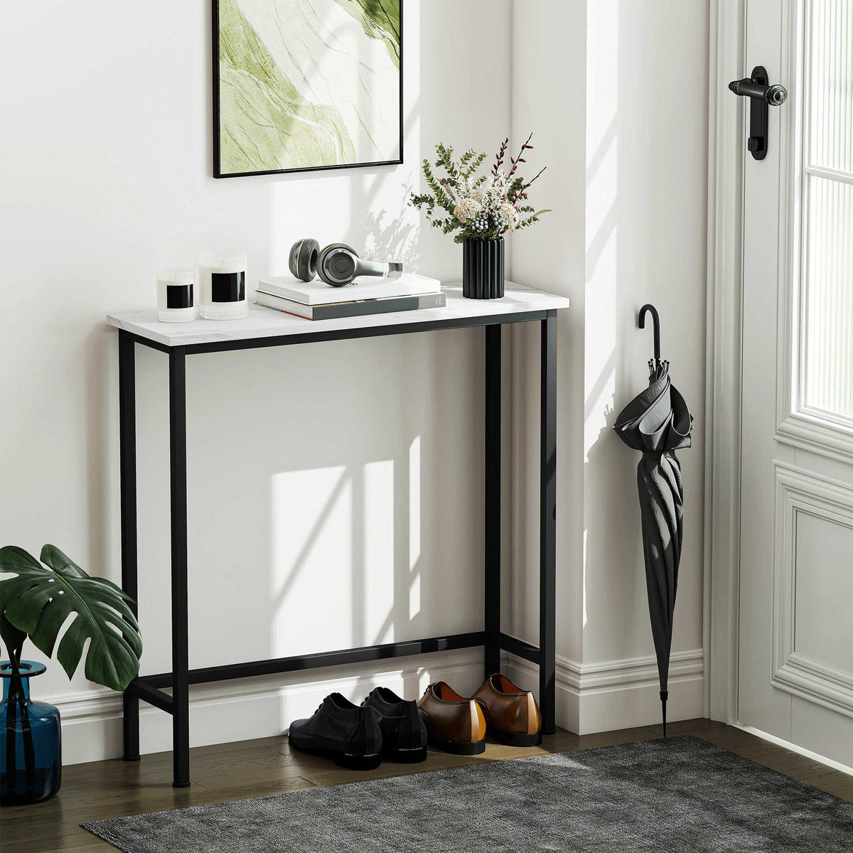 Console meuble 75 cm, table console plateaux en effet marbre, cadre en métal, style moderne blanc et noir-1