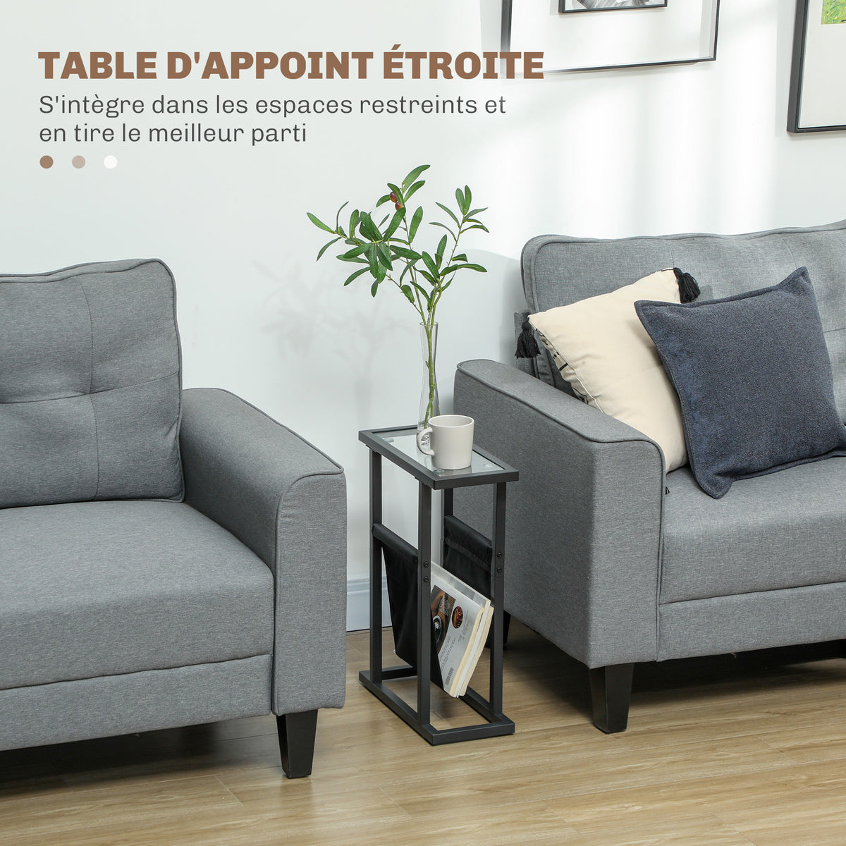 Table d'appoint étroite, bout de canapé en métal avec porte-revues et plateau en verre trempé, 40 x 18 x 55,5 cm, noir-3