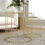 Lot de 2 tables basses gigognes rondes modernes avec cadre en métal et plateau en verre, ton doré-7