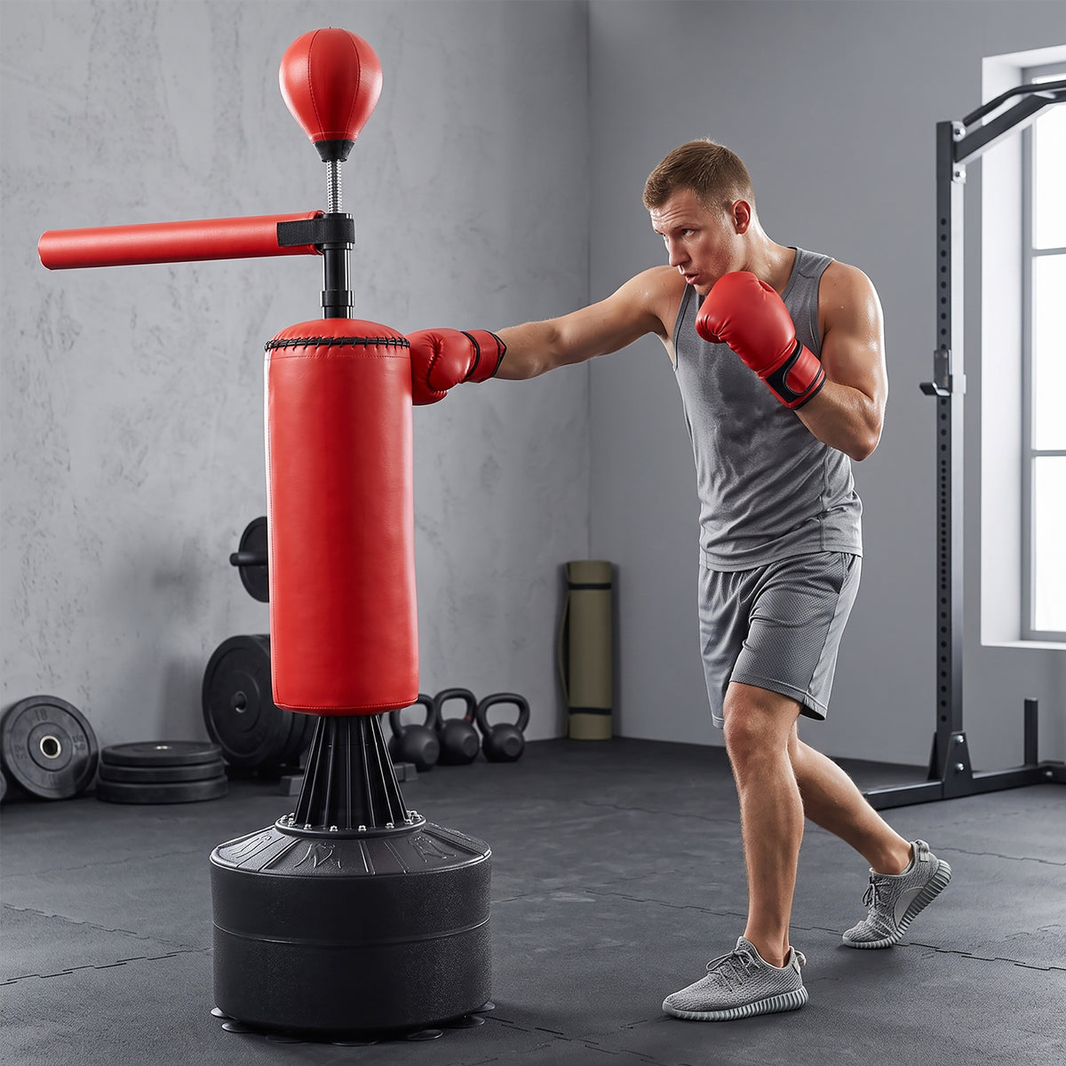 Sac frappe pieds punching ball brunier 3 1 ballon vitesse bras flexible rotatif haut. réglable cm noir rouge-1