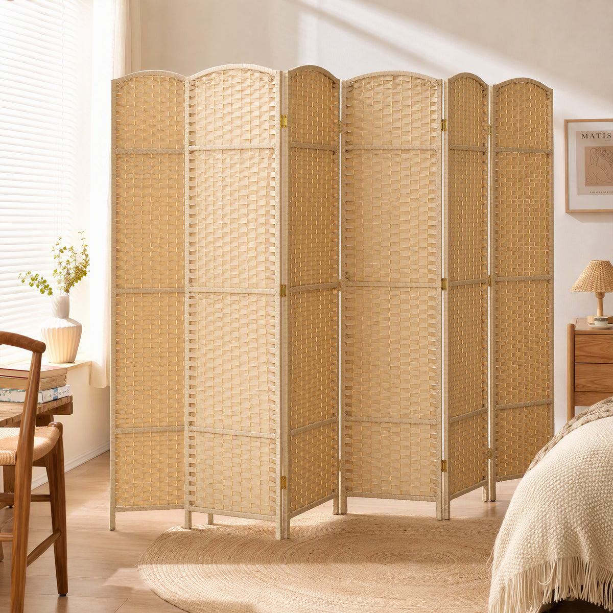 Paravent interieur en bois 6 panneaux 240 x 170 cm séparateur de pièce pliable pour salon, chambre à coucher, naturel-8