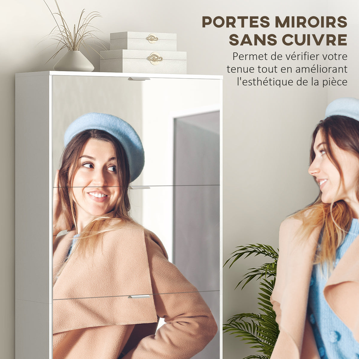 Meuble à chaussures 2 en 1 façades miroir 4 portes abattants, étagères réglables, jusqu'à 24 paires, 76l x 26P x 168H cm-3