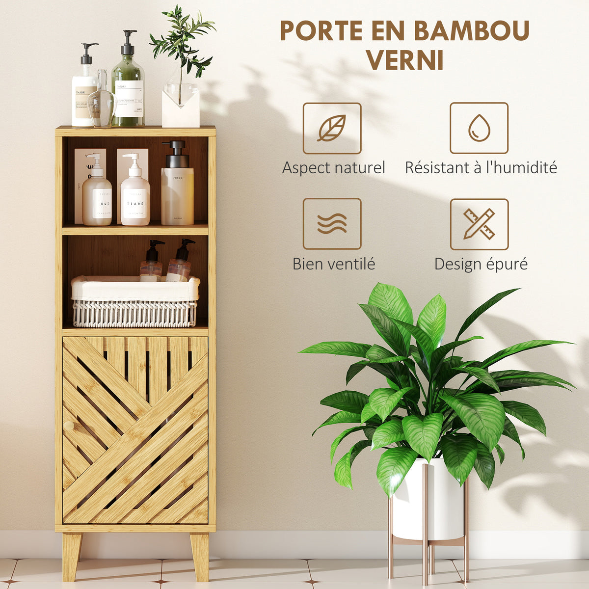 Meuble de salle de bain, meuble de rangement avec 1 placard, 2 compartiment ouvert, 32 x 30 x 90 cm, effet bois naturel-4