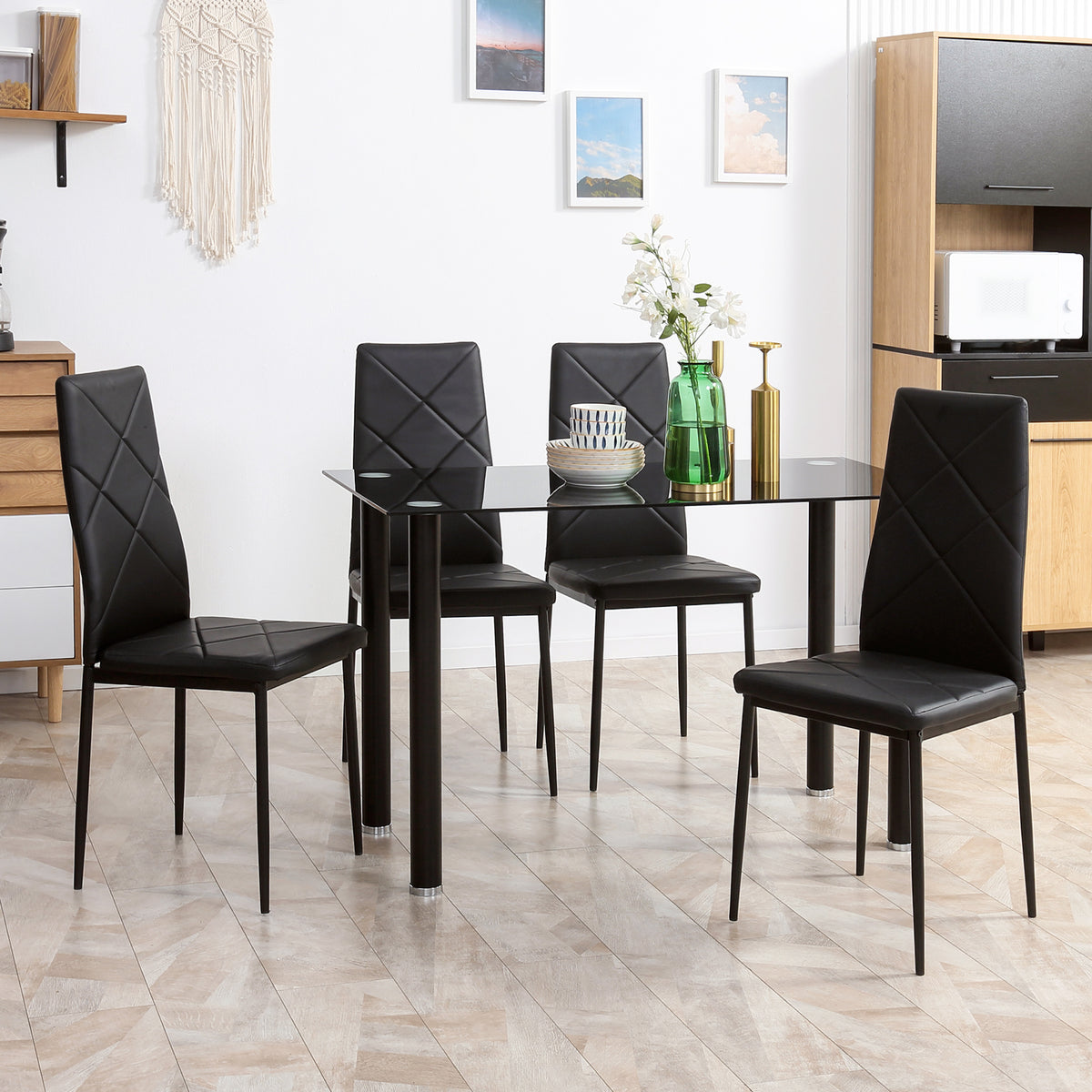 Ensemble de table à manger avec 4 chaises plateau en verre trempé, pieds en acier, pour cuisine salon noir-9