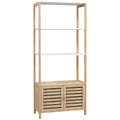 Colonne de salle de bain armoire de rangement en bambou 3 étagères 1 placard 63 x 30 x 138 cm bois naturel et blanc-0