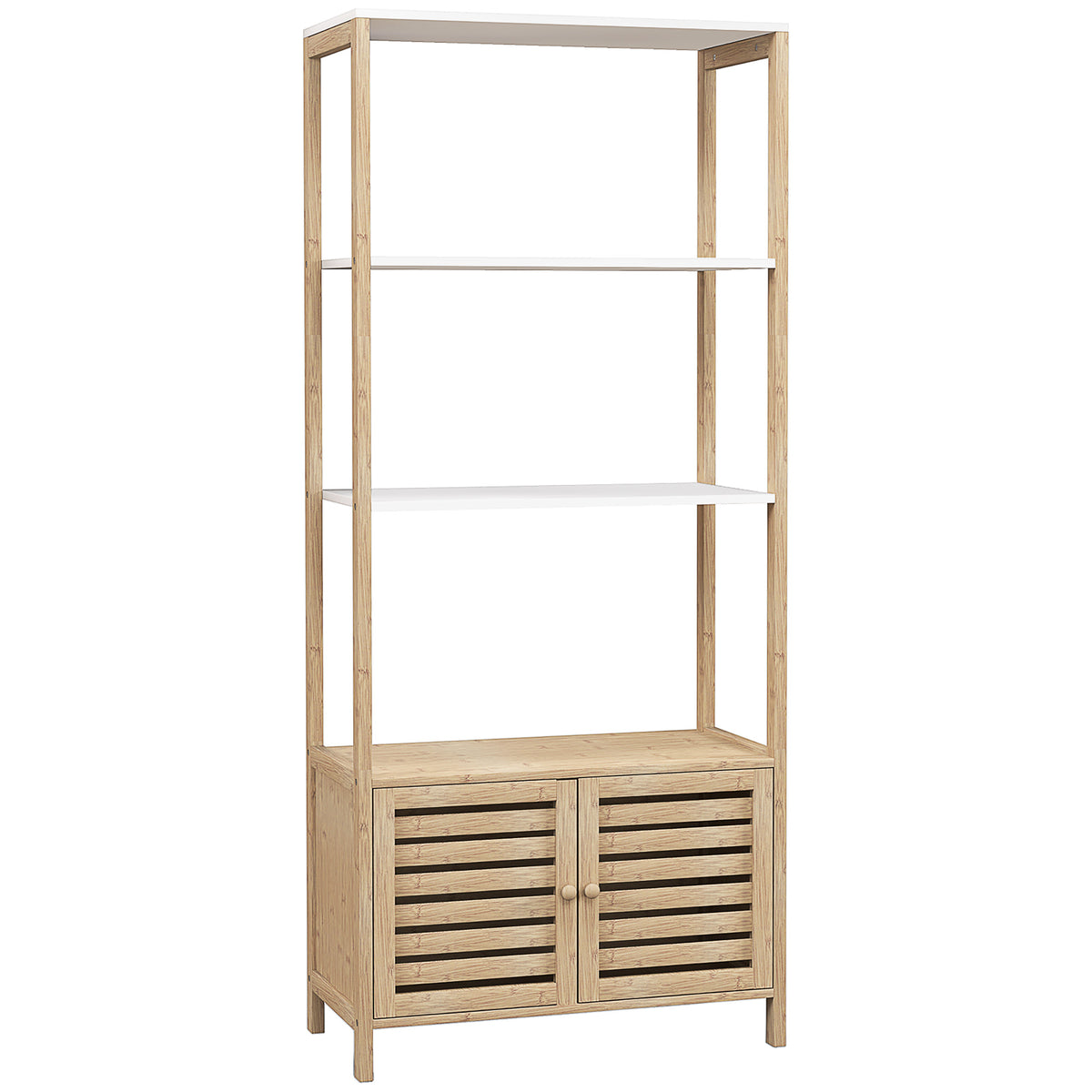 Colonne de salle de bain armoire de rangement en bambou 3 étagères 1 placard 63 x 30 x 138 cm bois naturel et blanc-0