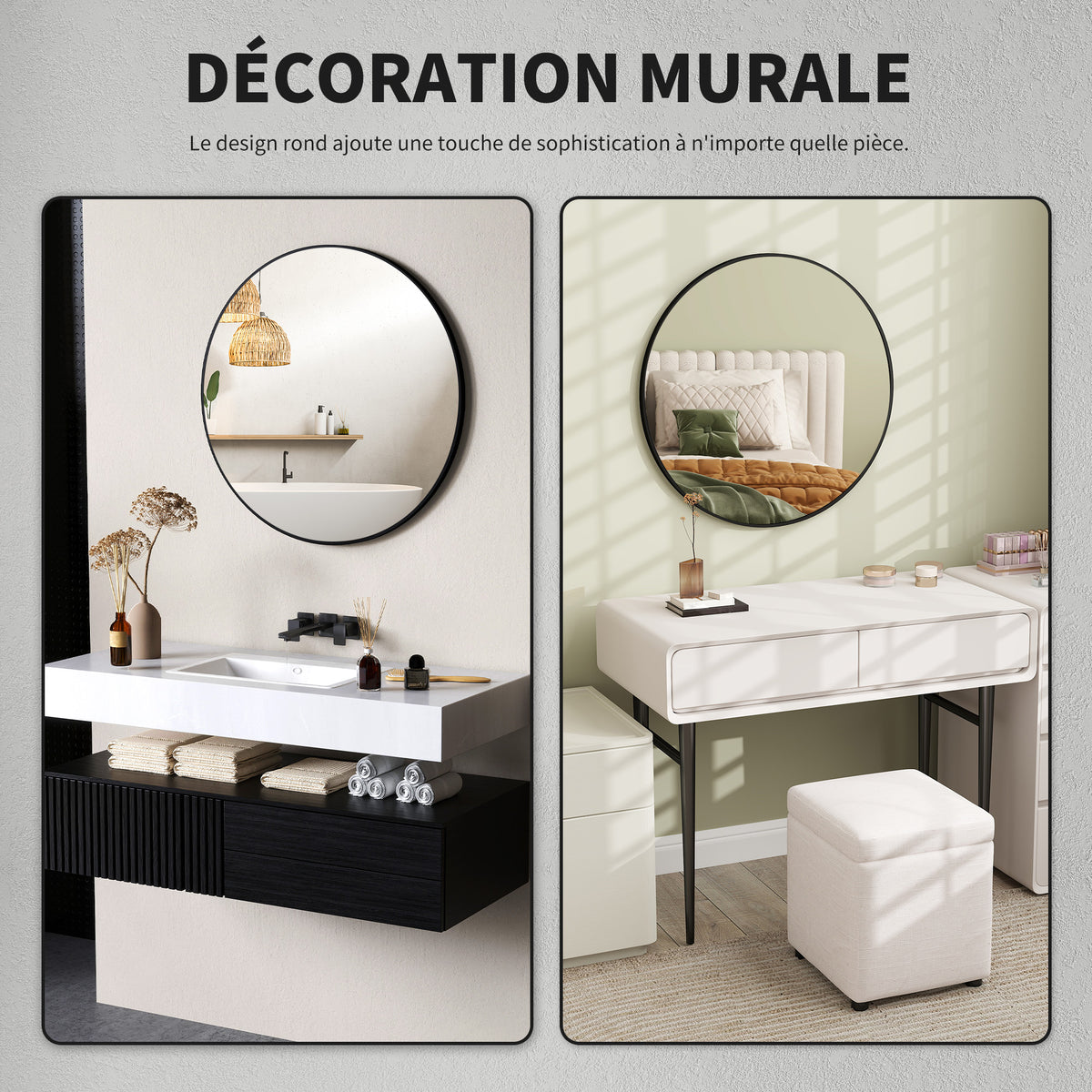 Miroir rond miroir salle de bain cadre en métal facile à installer, pour chambre, salon, entrée, Ø 70 x 2,5 cm noir-5