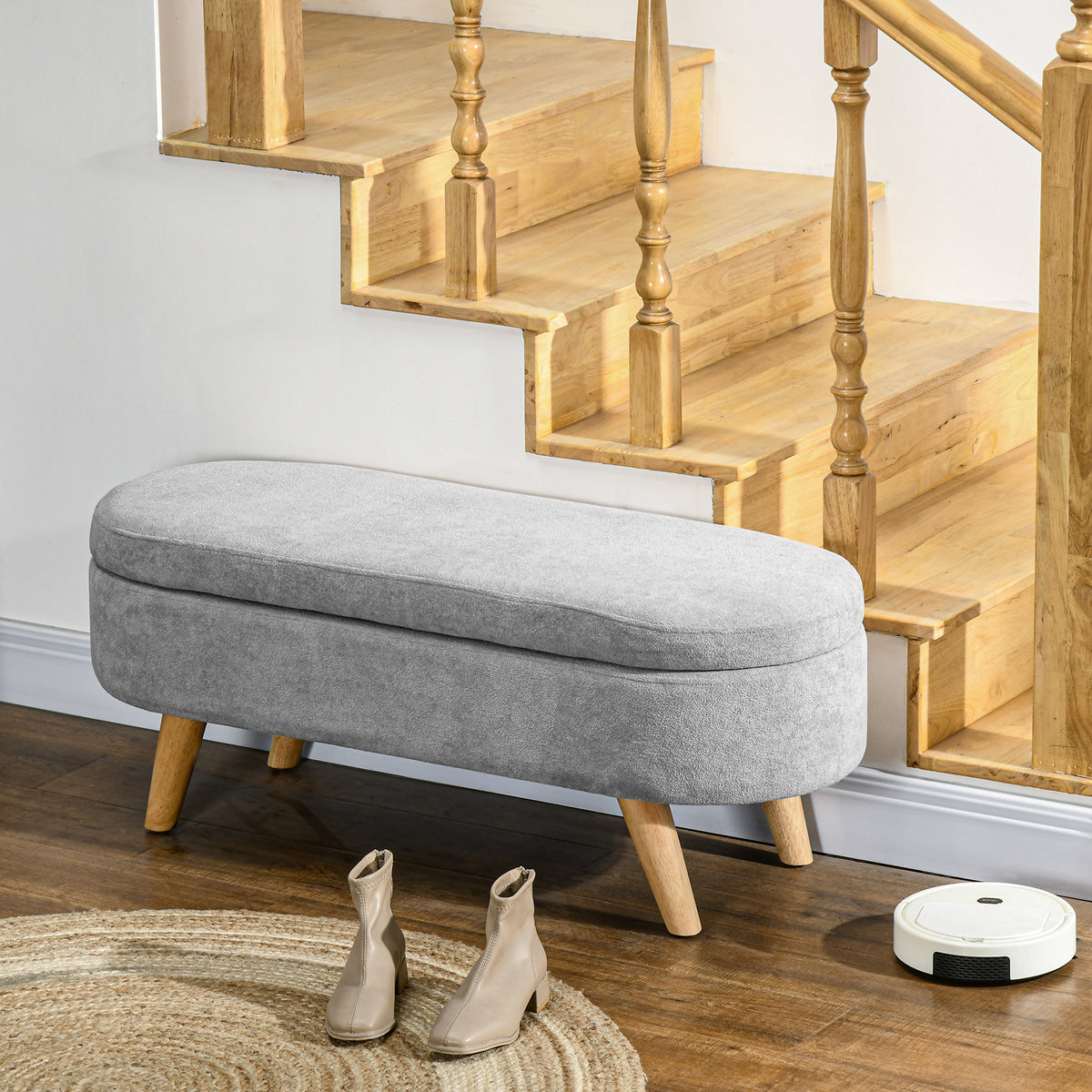 Banc banquette bout de lit coffre de rangement 2 en 1 en tissu avec pieds en bois 110l x 40P x 43H cm gris clair-9