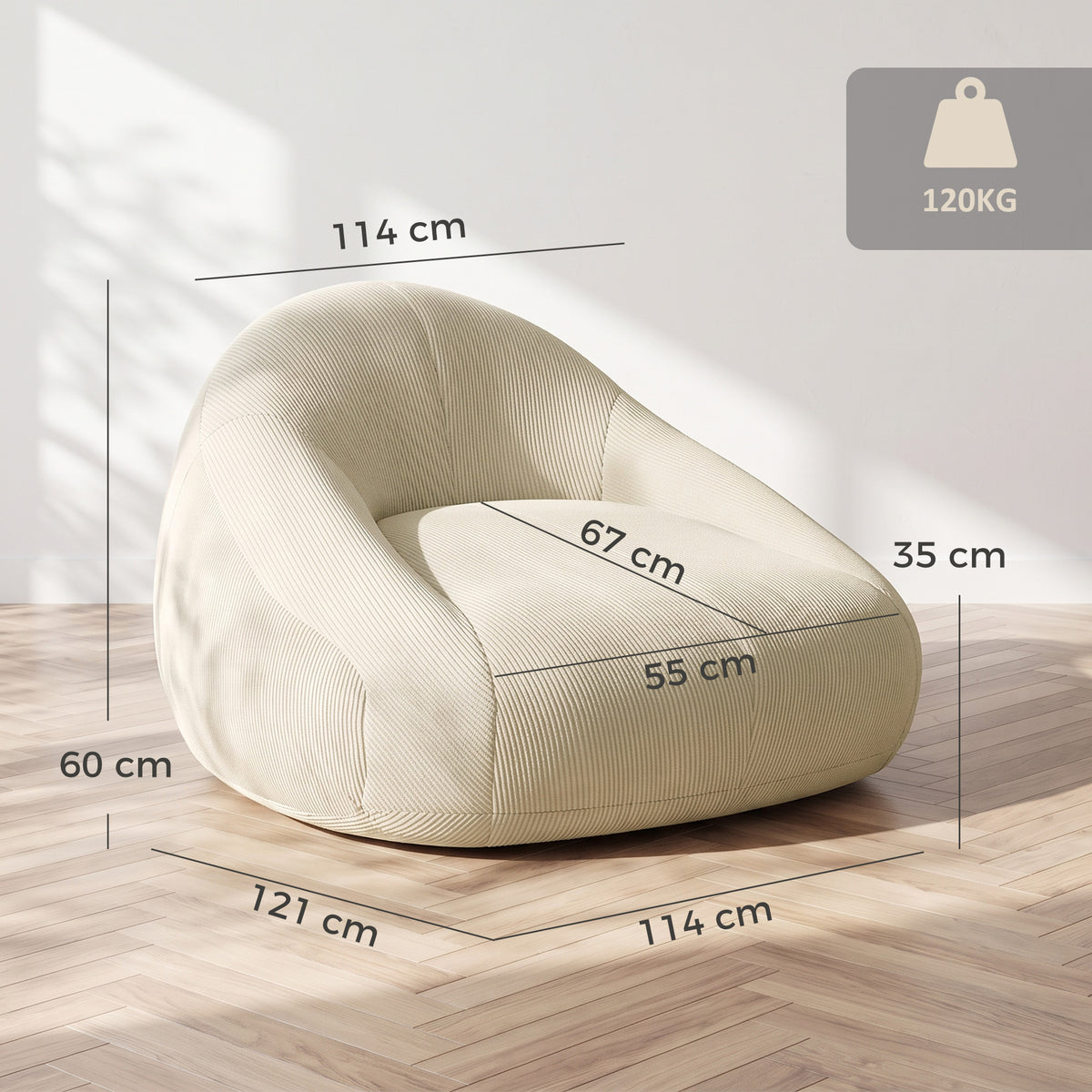 Pouf pour Adultes en Velours Côtelé, Rembourré en Mousse, Forme Enveloppante, Sans Montage, 114x121x60cm, Crème-2