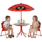 Ensemble Salon de Jardin Enfant 4 pcs Design Coccinelle - Table Ronde + 2 chaises Pliables + Parasol - métal époxy Oxford Rouge-0