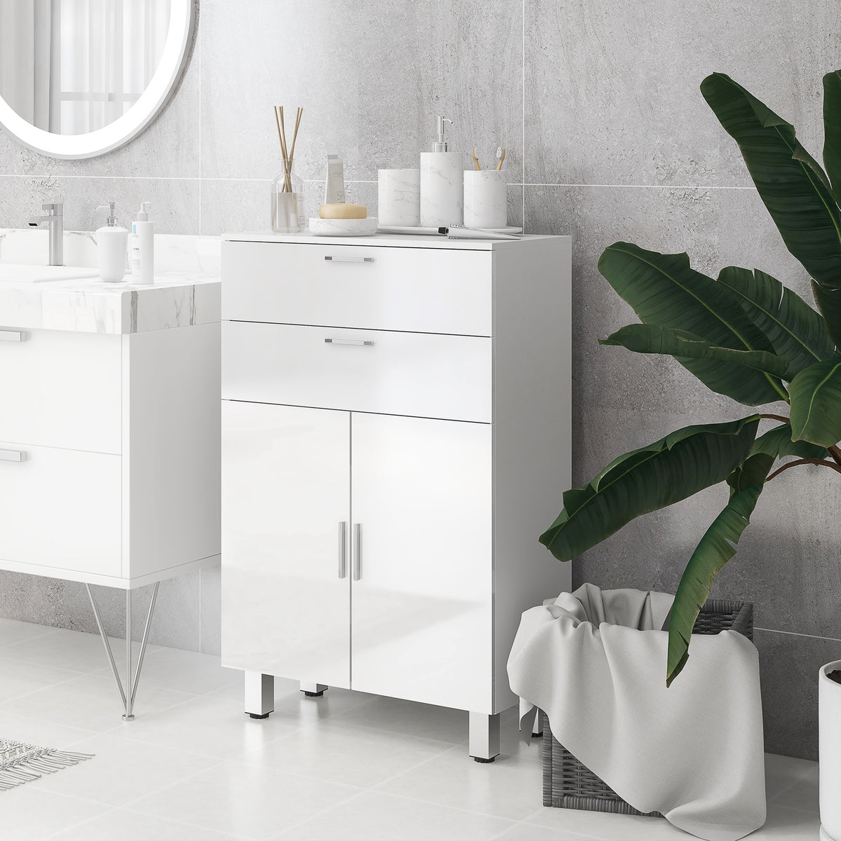 Meuble de salle de bain avec 2 tiroirs placard à double porte et étagères réglables 60 x 30 x 93 cm blanc brillant-1