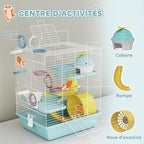 Cage hamster, cage rongeur à 3 niveaux, avec roue d'exercice, tunnel de jeu, gamelle, cabane, 34,5 x 27,5 x 41 cm, bleu-4