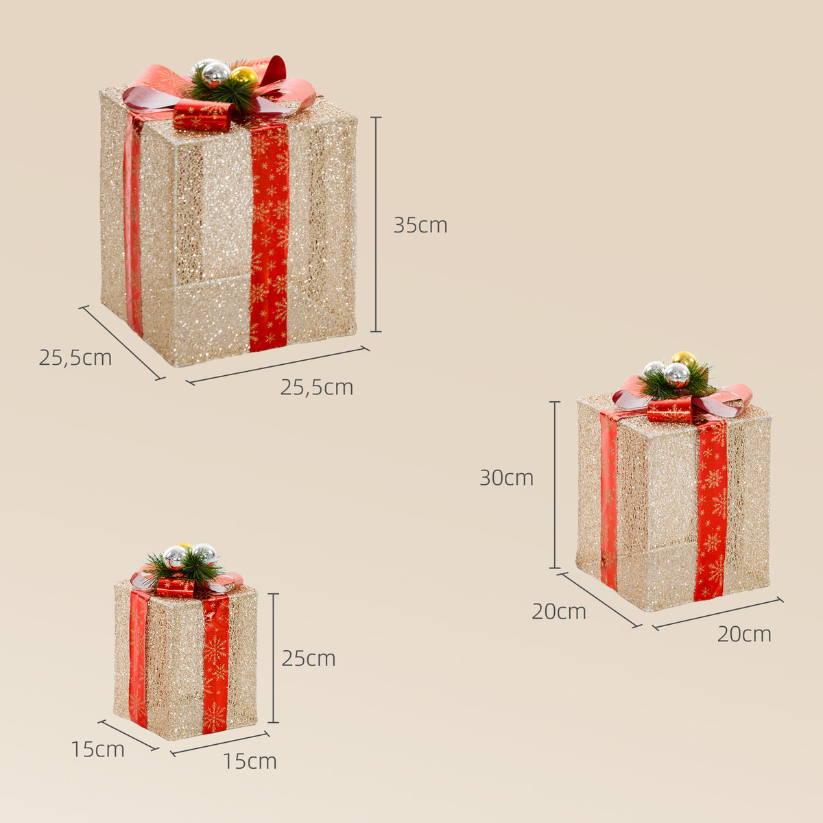 Boîtes cadeaux Noël lumineuse décorations de Noël avec nœud 58 lumières lot de 3 boîtes à cadeaux à LED or-2