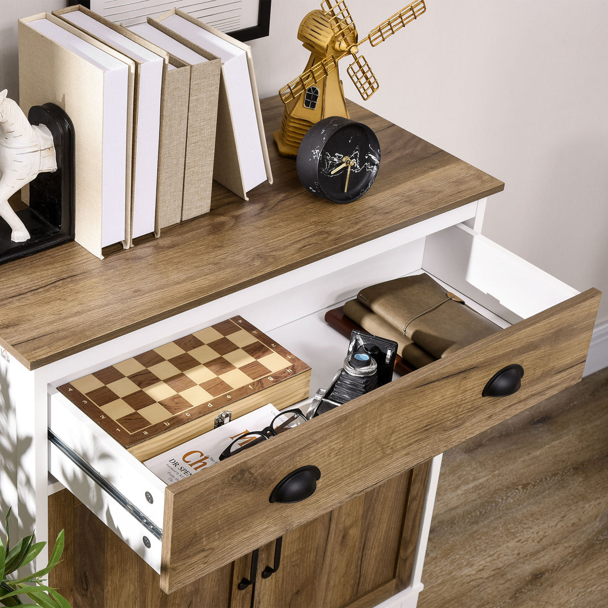 Buffet Salon, Meuble de Rangement avec 2 Portes, Tiroir, Étagère Réglable, 78,5 x 39 x 89,4 cm, Blanc et Chêne-9