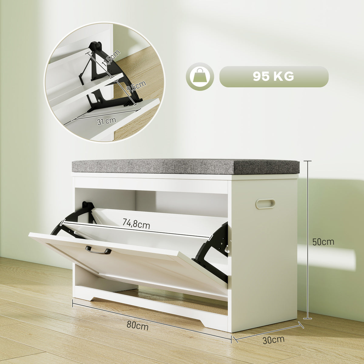 Banc à chaussures, banc d'entrée moderne avec siège rembourré, tiroir basculant et étagère ajustable, 80x30x50cm, blanc-2
