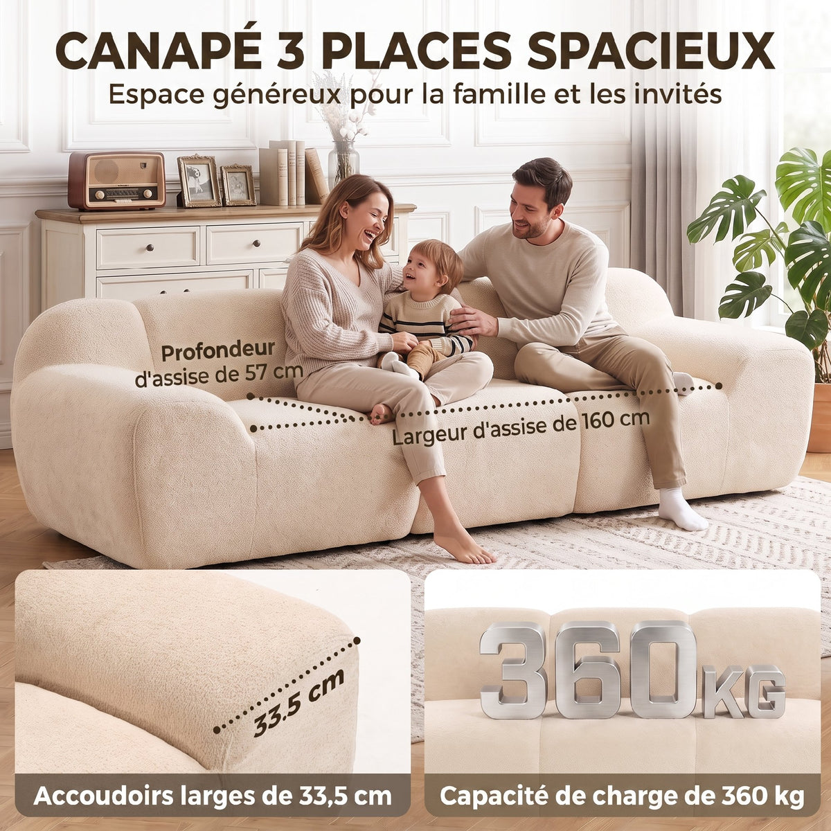 Canapé 3 Places 233 cm, Canapé Salon en Chenille Moderne avec Assise Profonde, Accoudoirs Larges, Beige-3