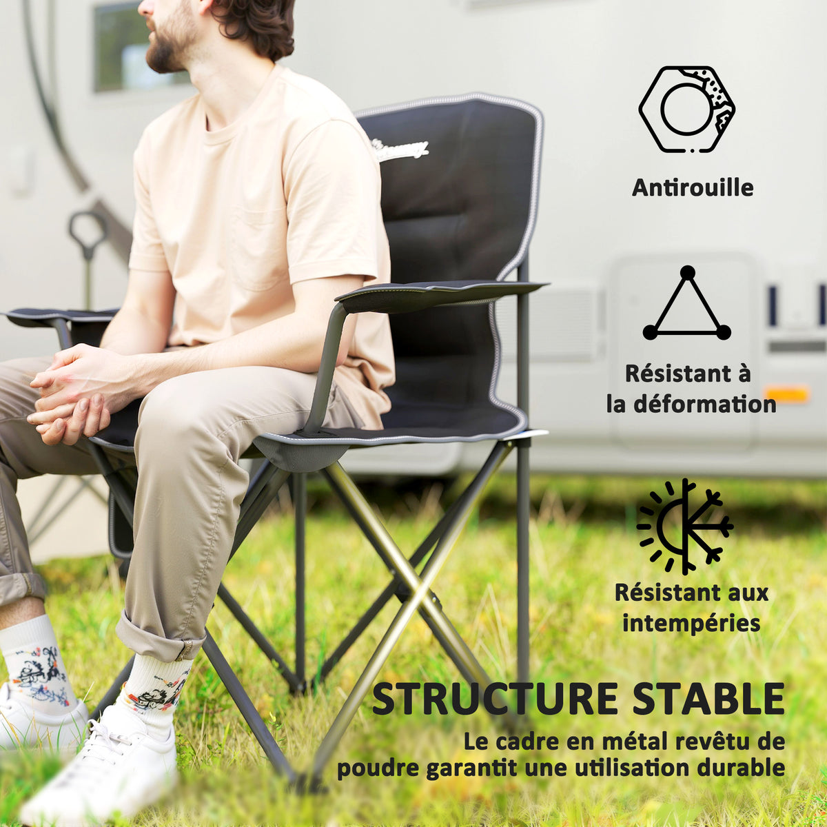 Chaise de camping pliante et portable avec porte-gobelets, poches latérales et sac de transport, noir-4